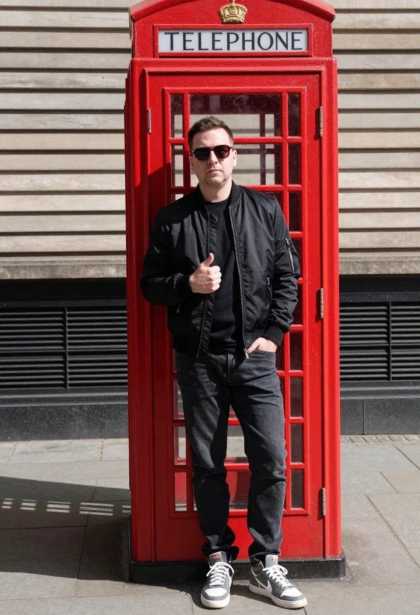 Man Stands Casually Front Large Red Telephone Booth Structure Subject