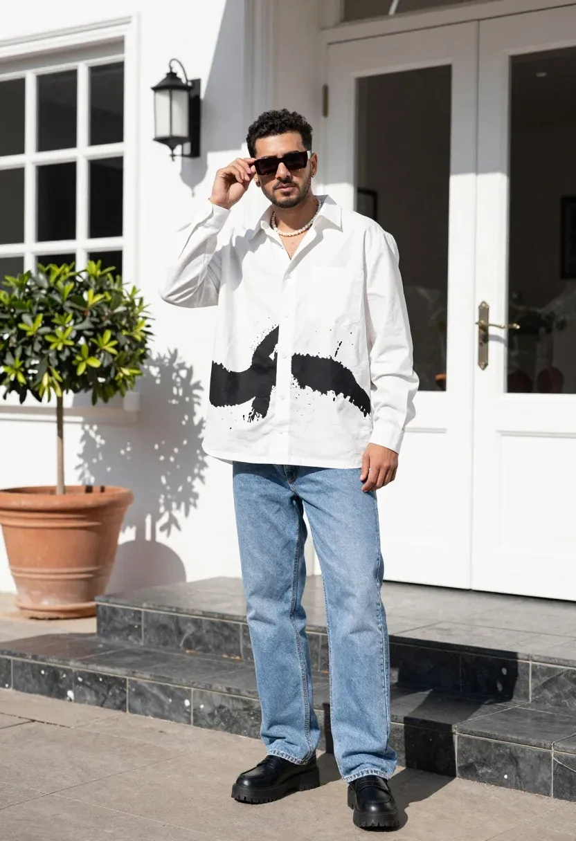 Stylish Man Stands Confidently Outdoors Front White Building With Large