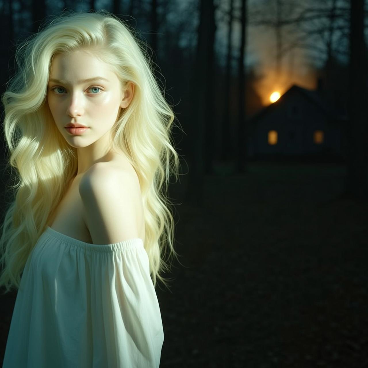 Forest Dusk Ethereal Blonde Woman Backlit Sun