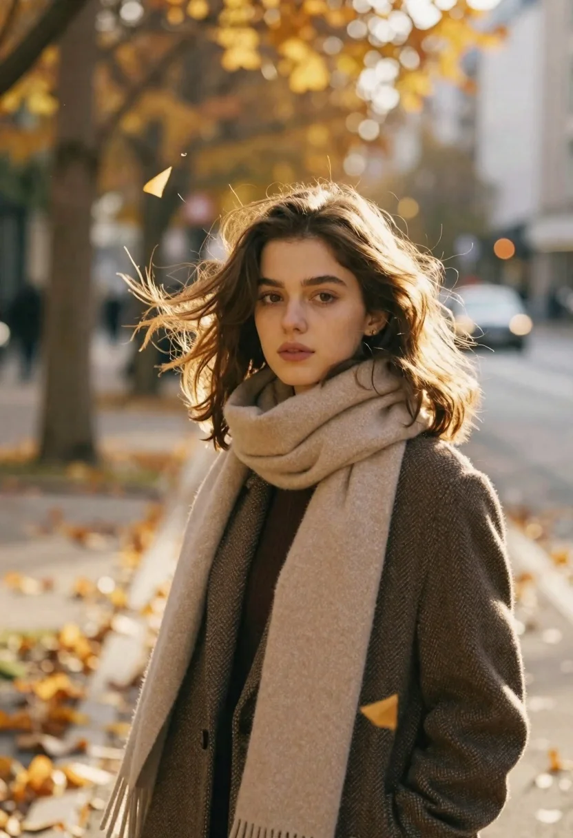 Young Woman With Windblown Brown Hair Stands Autumnal City Street