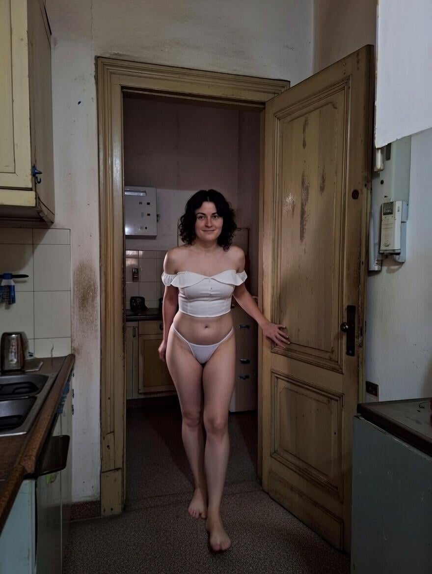 White Bikini Outfit In Lived In Apartment Doorway