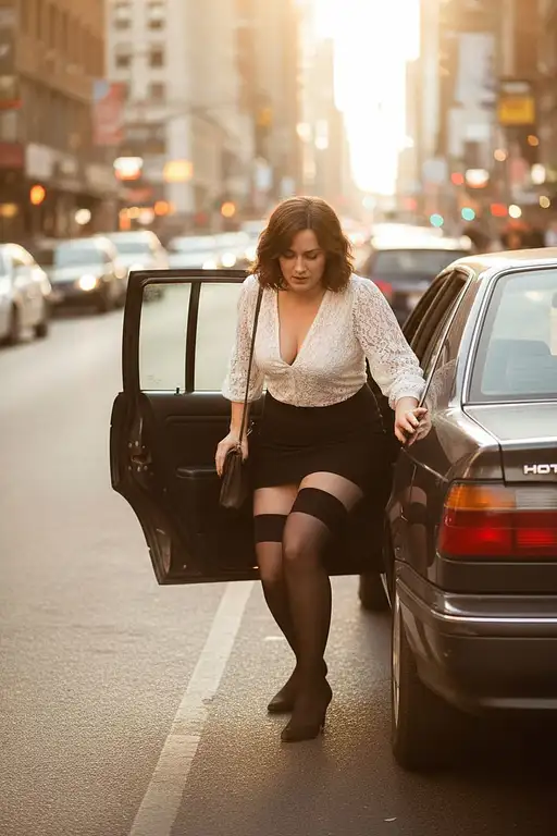 Curvy model in a loose white lace blouse and black mini skirt struggling to exit a car on a busy street.