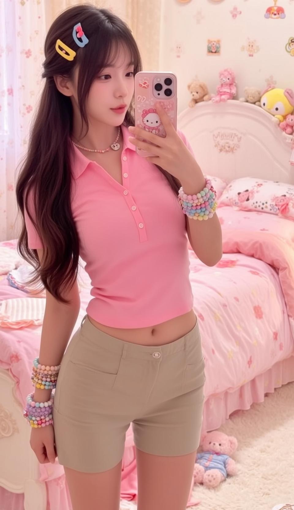 Barbiecore Stands Facing Slightly Her Left Holding