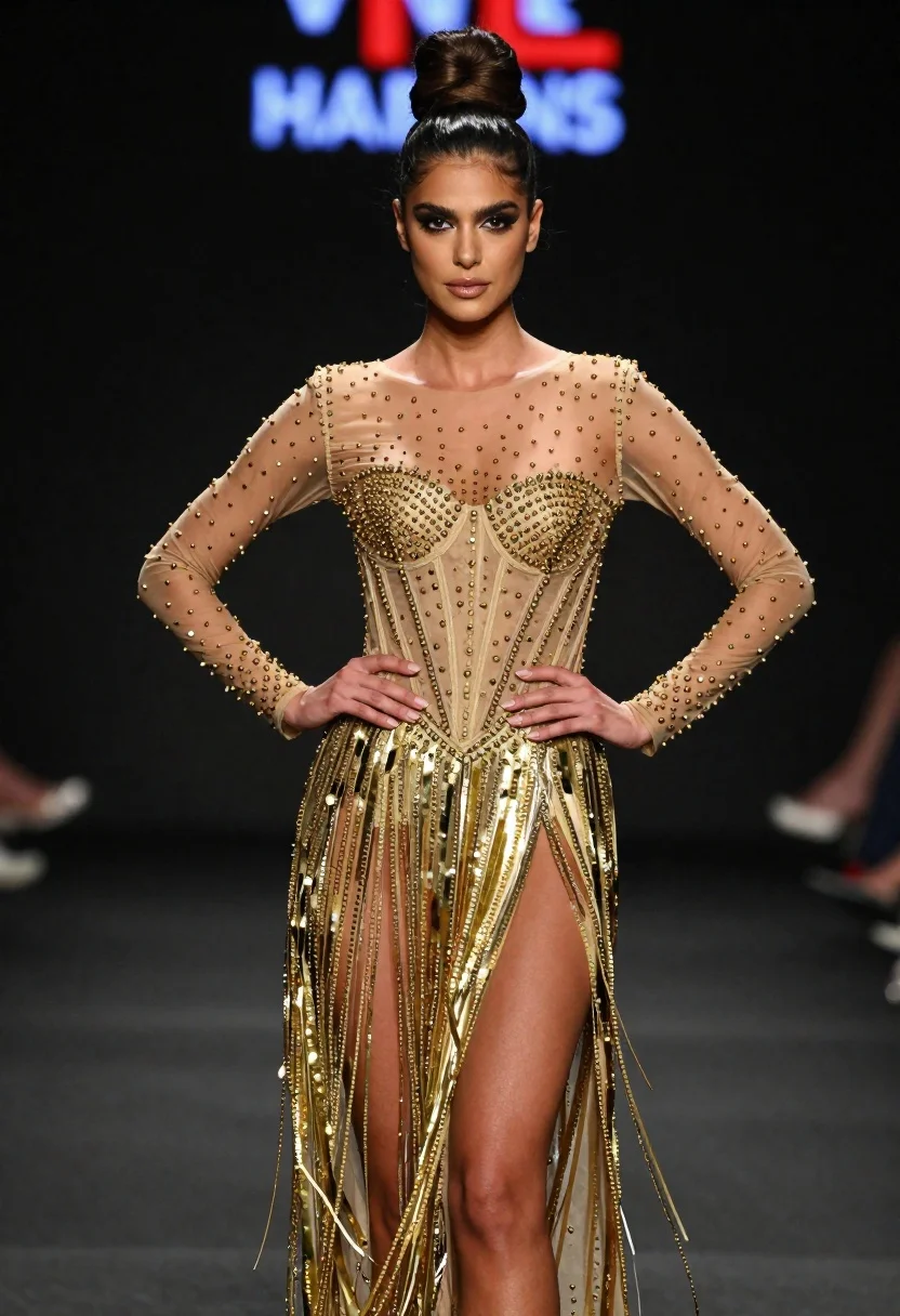 Confident Woman Stands Dark Runway Wearing Elaborate Gold Evening Gown reference photo