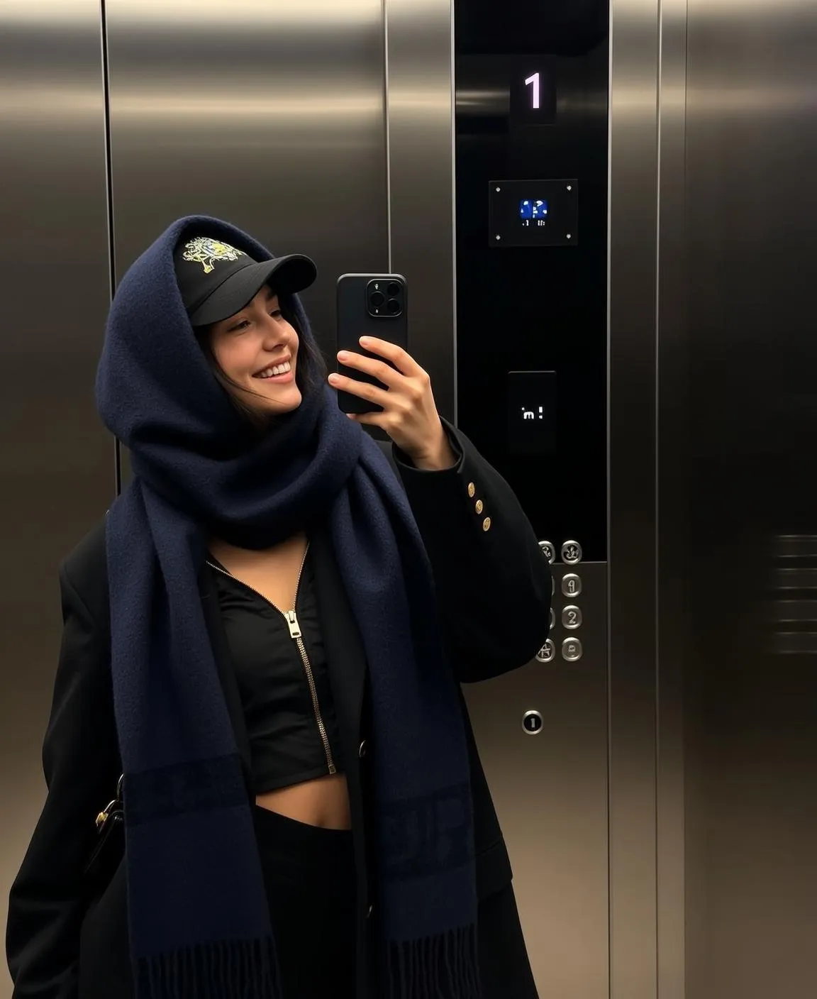 Cap Scarf Blazer Elevator Selfie