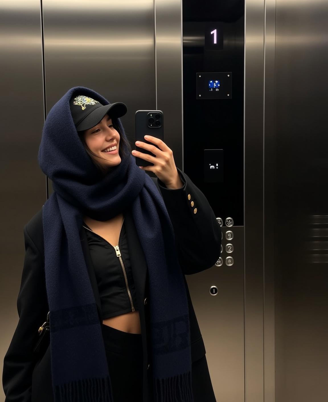 Cap Scarf Blazer Elevator Selfie