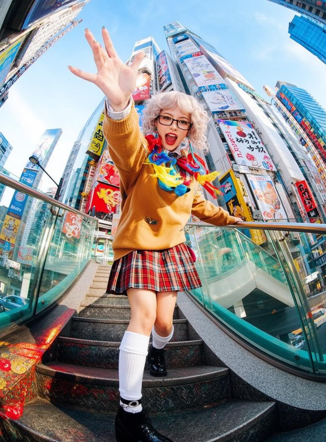 Blonde Curly Hair Yellow Sweater Plaid Skirt City Stairs