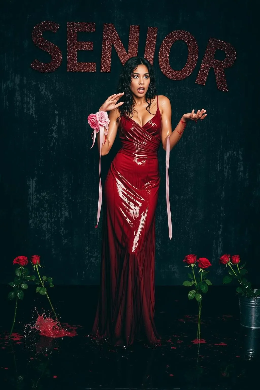 Wet Red Gown Senior Roses