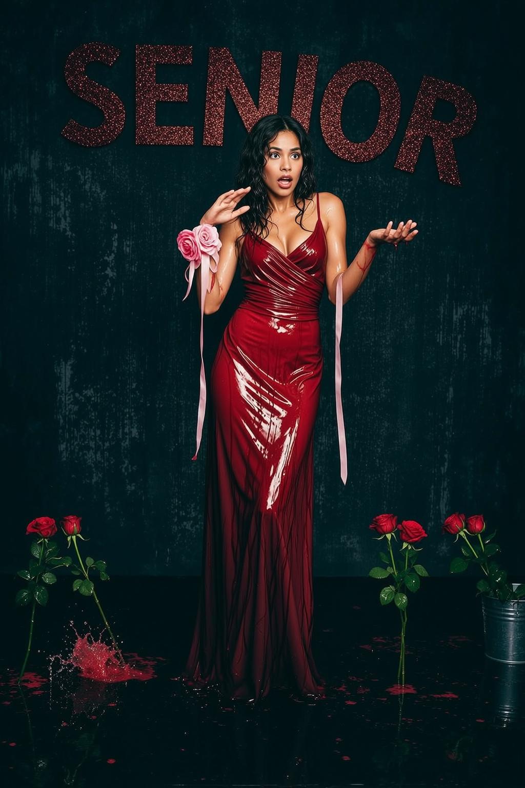 Wet Red Gown Senior Roses