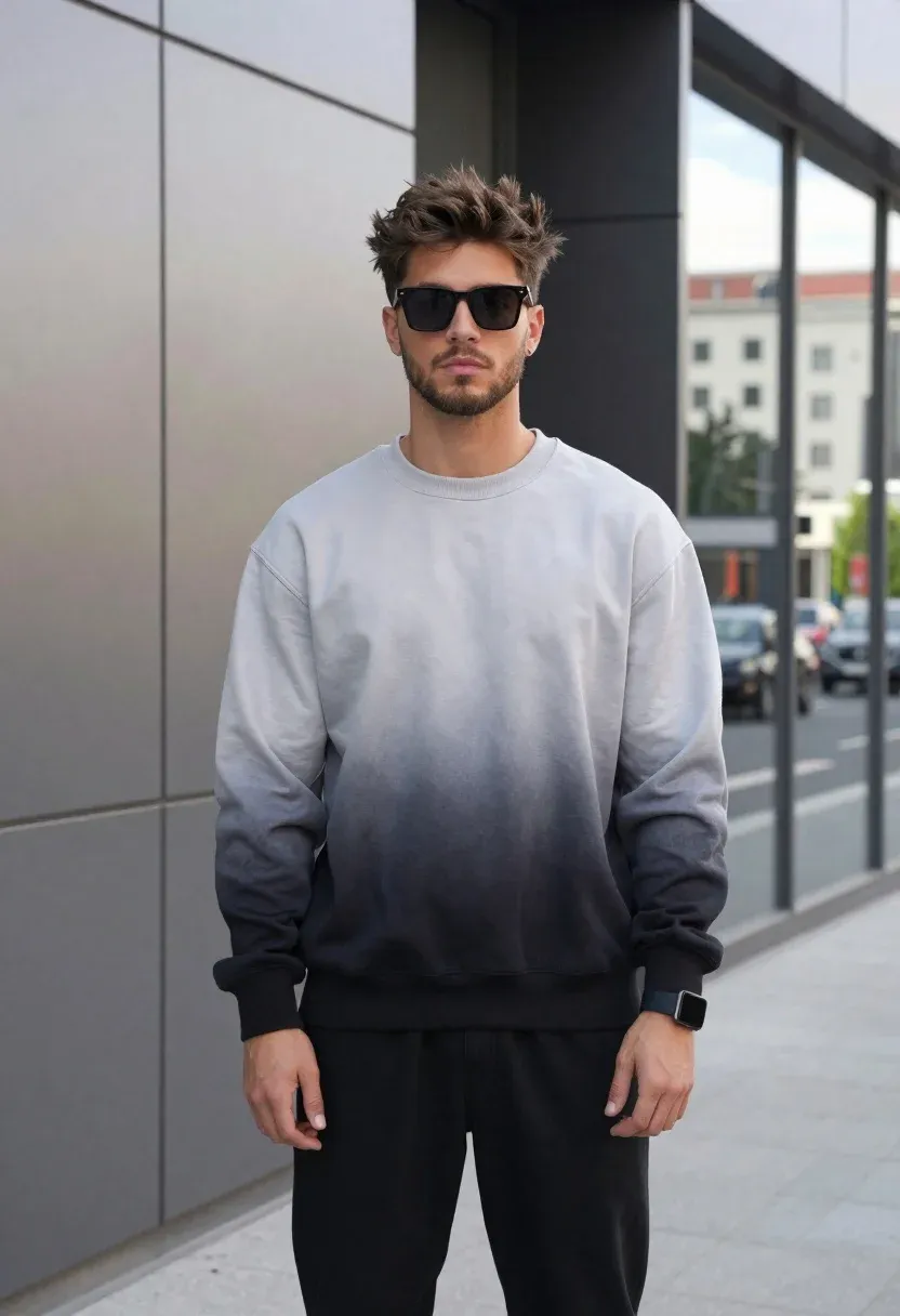 Young Man Stands Confidently Modern Urban Setting Wearing Dark Sunglasses