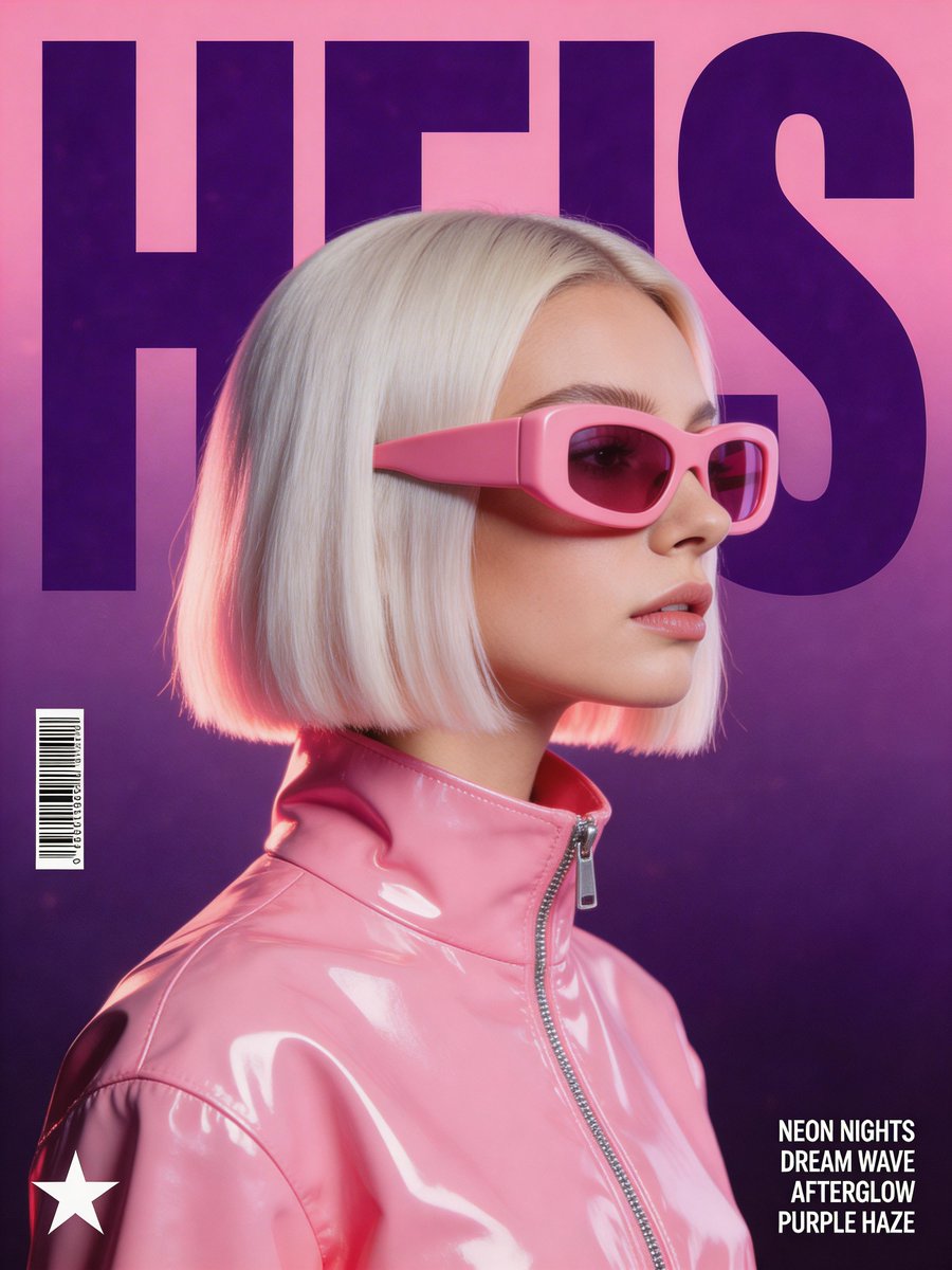 A retro-futuristic music poster featuring a woman in profile with a platinum bob hairstyle, wearing pink visor sunglasses and a glossy vinyl jacket.