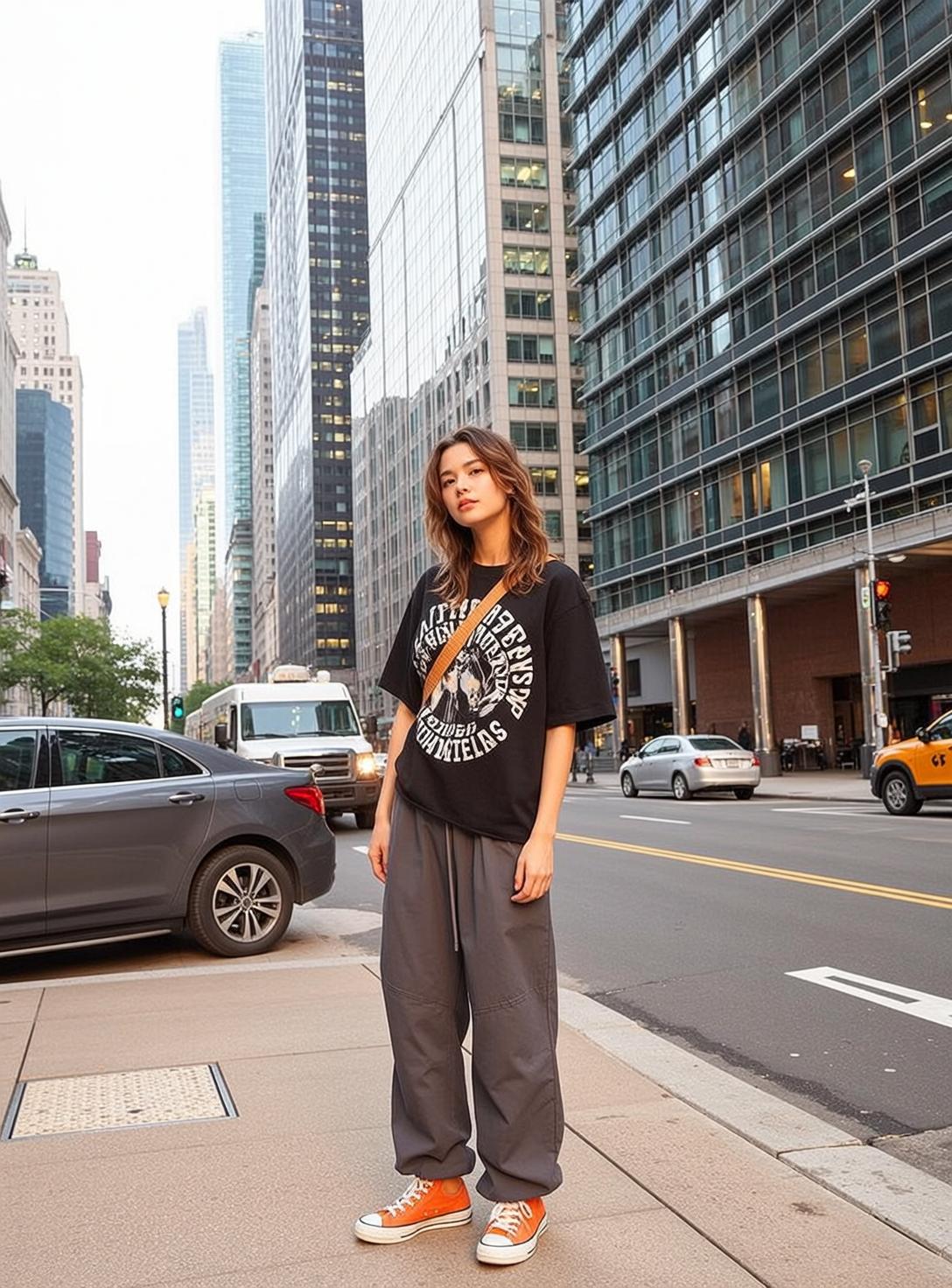 City Street Black T Shirt Gray Pants