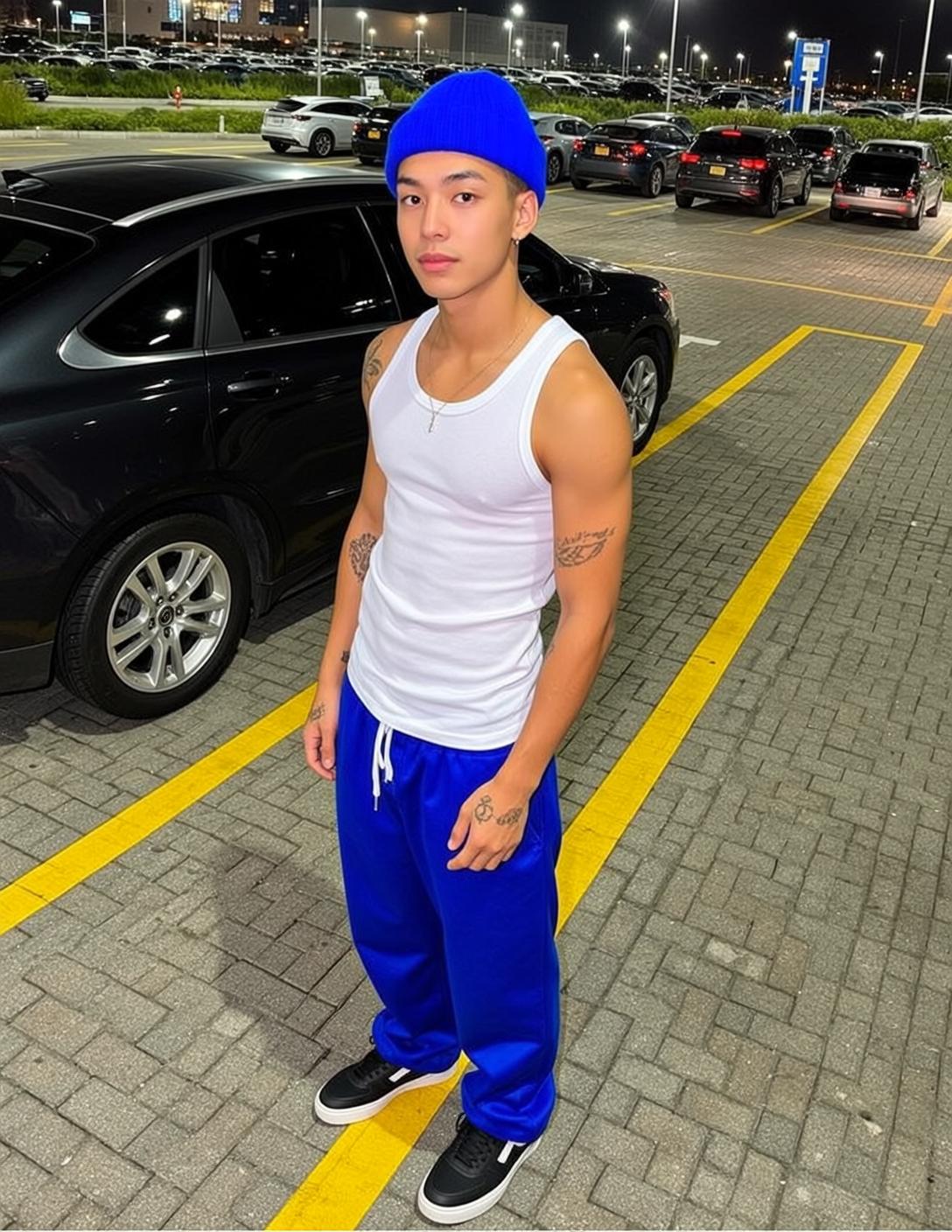 Asian Man Blue Beanie Parking Lot Night