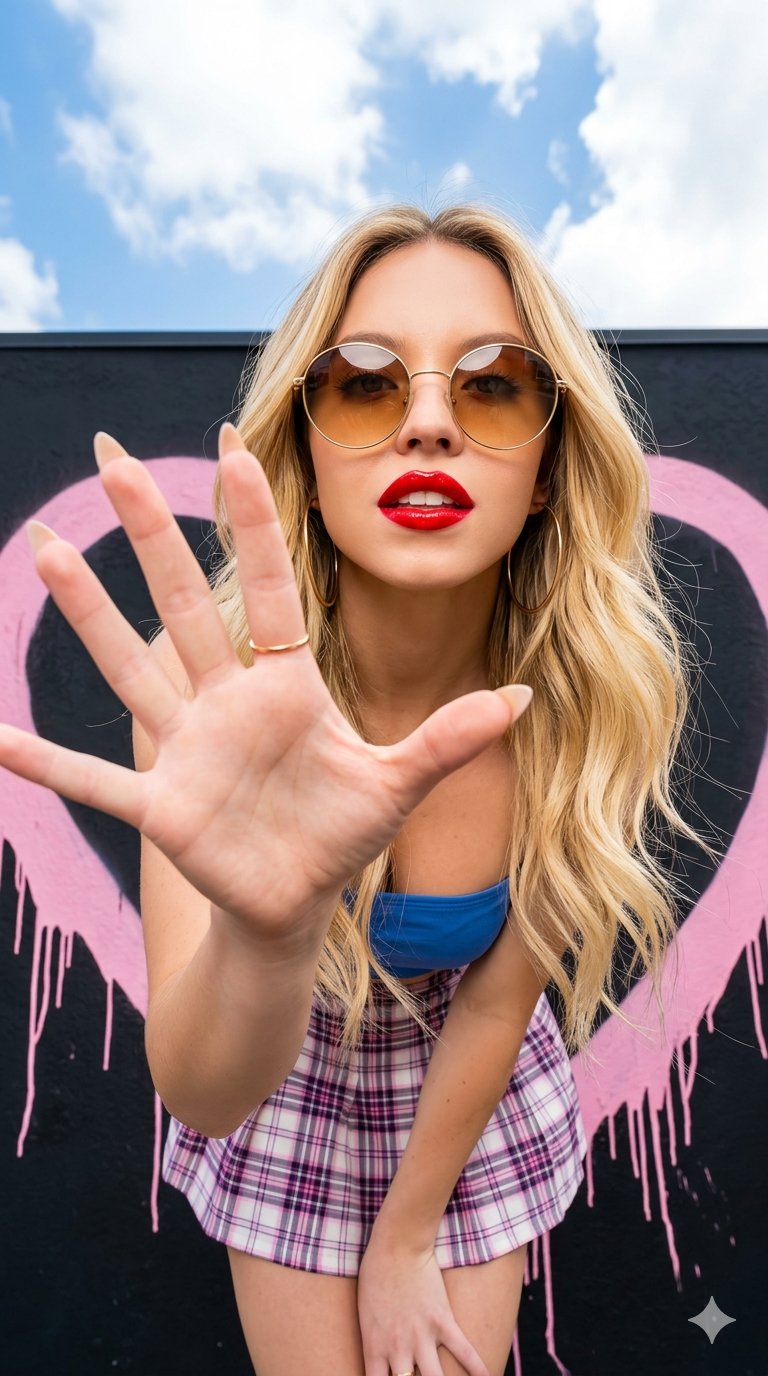 Red Lips Blue Bandeau Plaid Skirt Sunglasses