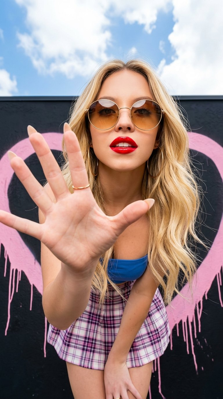 A woman with long hair and bright red lips, wearing a blue bandeau top and plaid skirt, leaning forward dramatically with sunglasses.