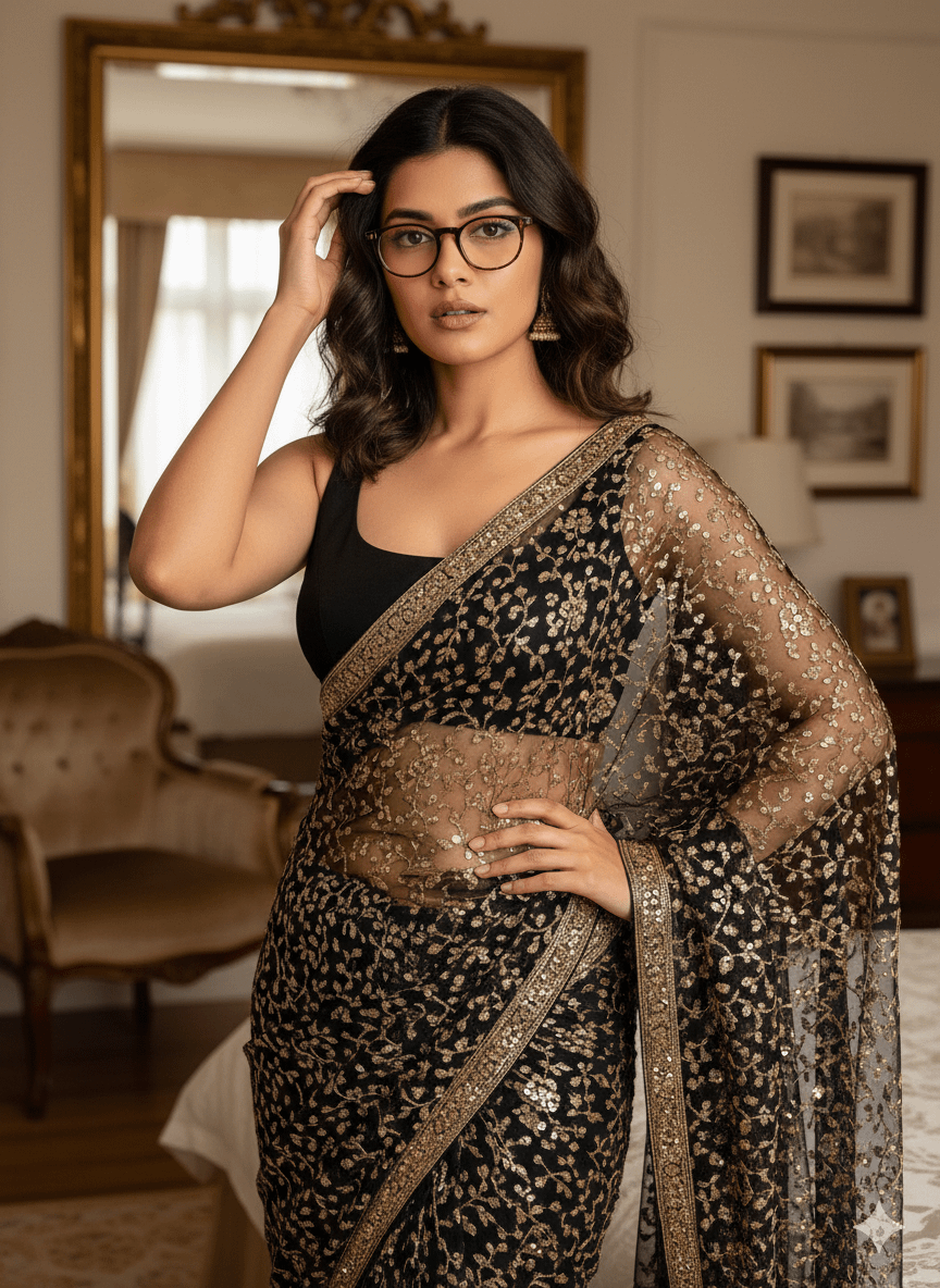 Black Sleeveless Blouse Paired Sheer Black Saree In Luxurious