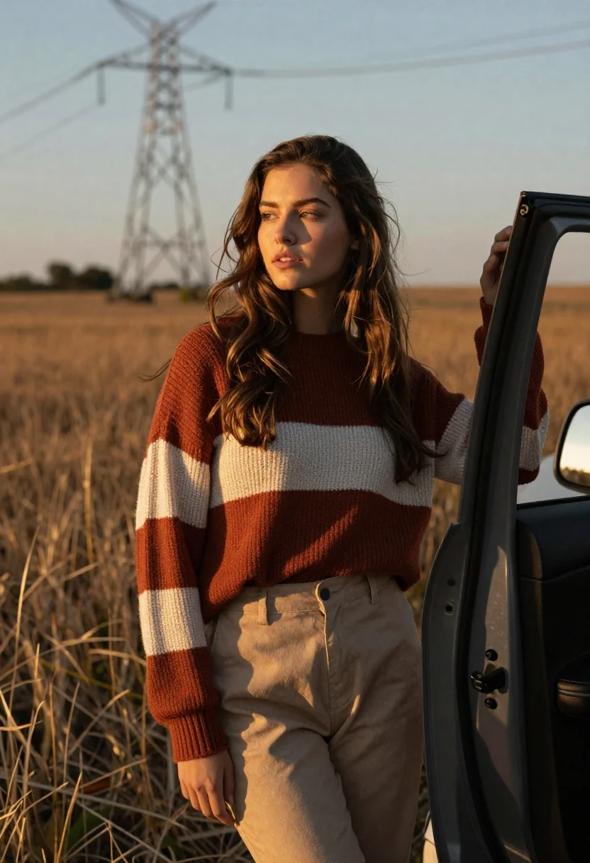 A young woman with long brown hair leans against an open car door in a golden field during sunset, showcasing a warm glow.