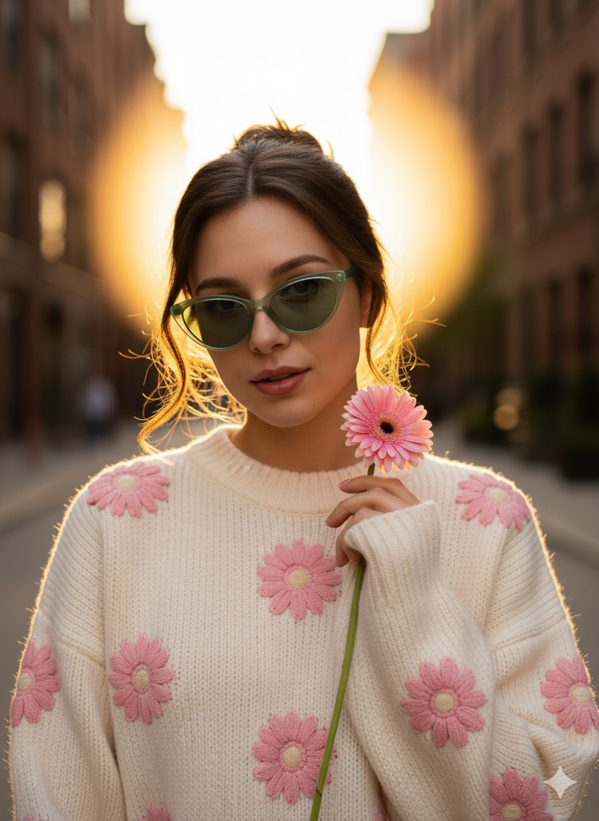 Portrait of a young woman in a cream oversized sweater with pink gerbera flowers, wearing green cat-eye sunglasses, illuminated by golden sunlight.