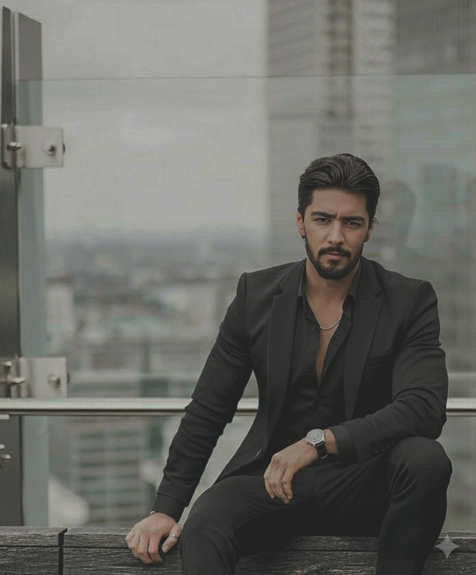 High-fashion black and white portrait of a man in a tailored dark suit, sitting on a concrete block with moody lighting.