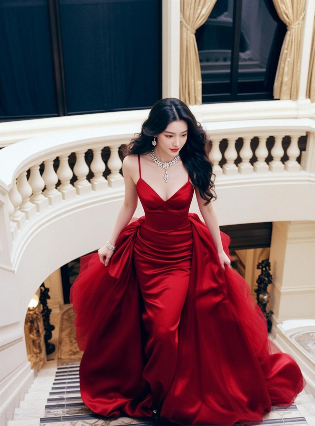 Red Satin Gown on Staircase