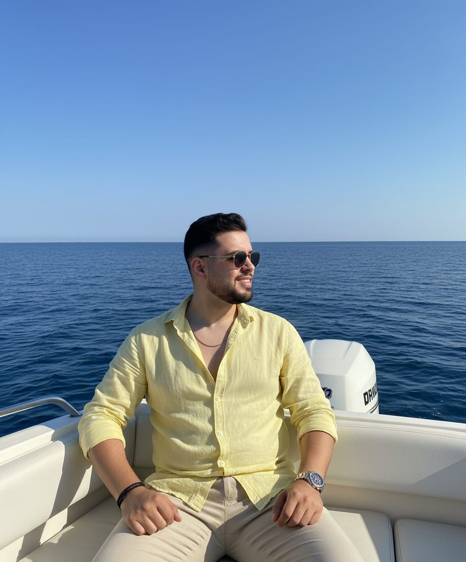 Photorealistic summer scene depicting a man in beige trousers and yellow shirt on a boat with blue sky and sea.