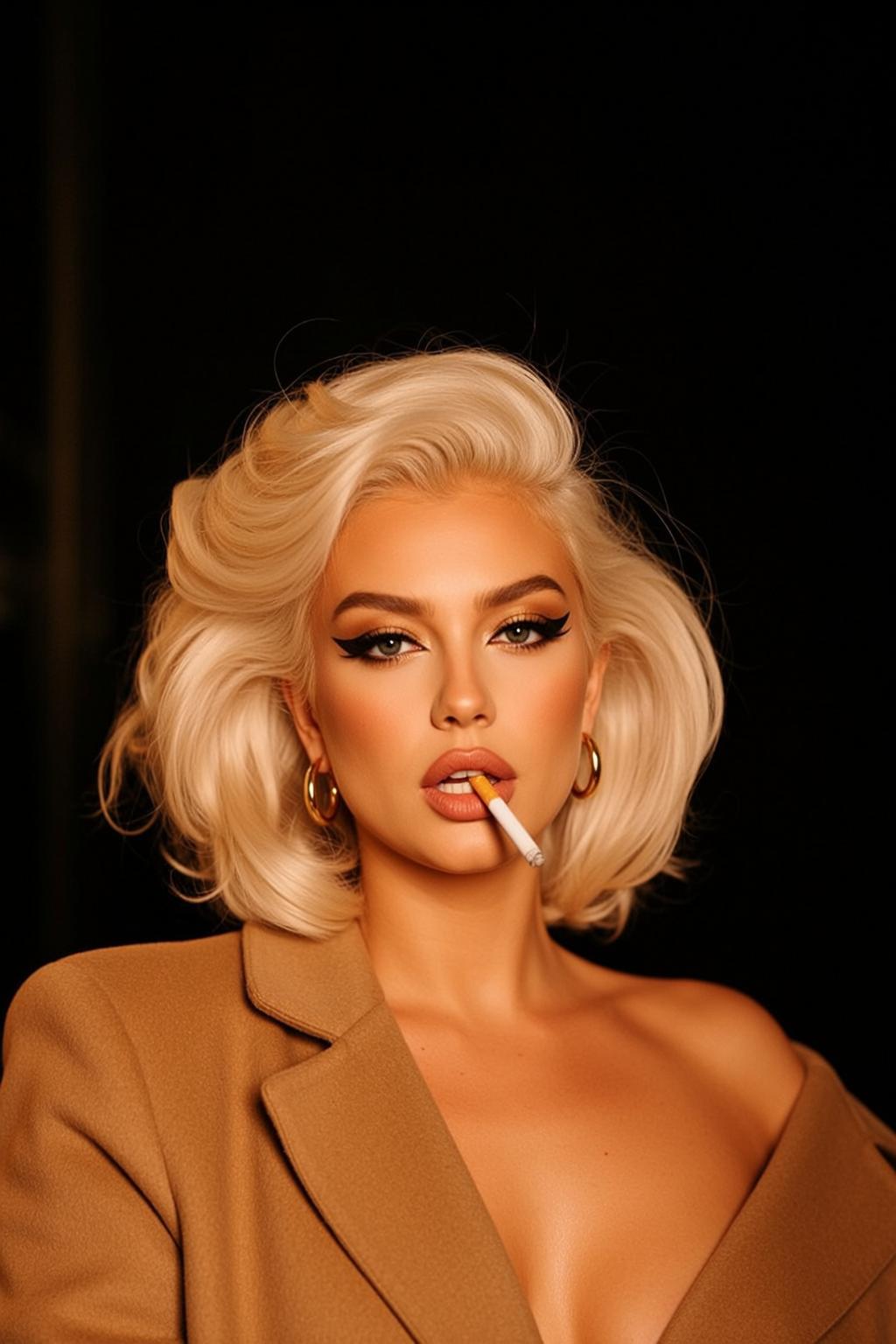 Medium Shot Portrait Glamorous Woman With Cigarette Her Mouth Facing