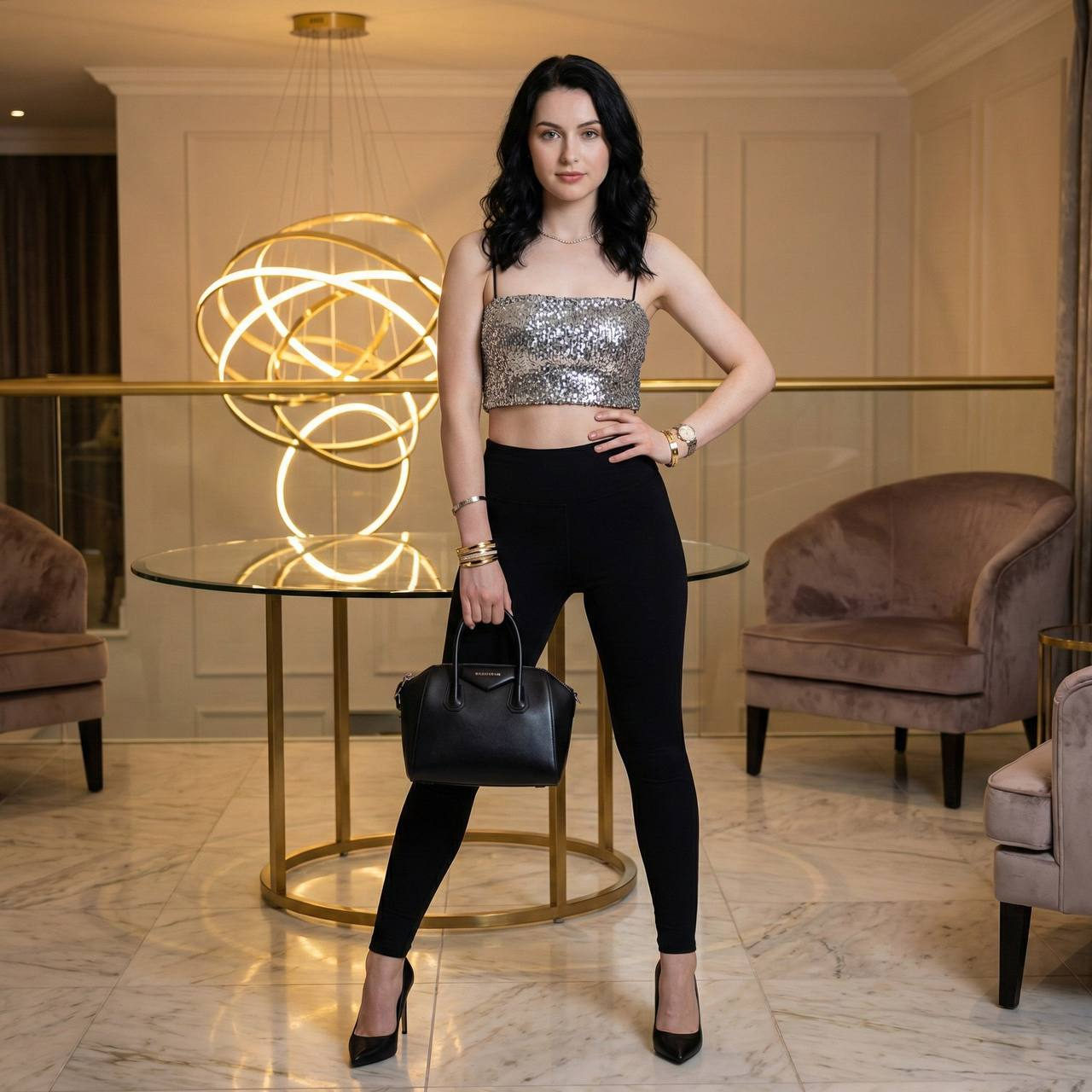 Elegant woman in a luxurious hall, wearing a silver bandeau top and tight leggings, posing confidently with a stylish bag.