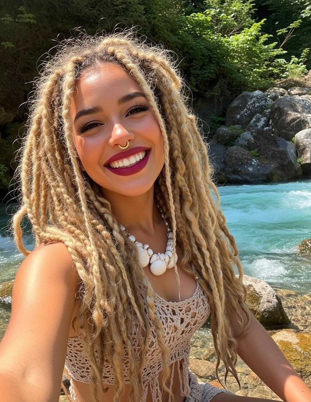 Indie Young Blonde Dreadlocks Tan Crocheted Beige