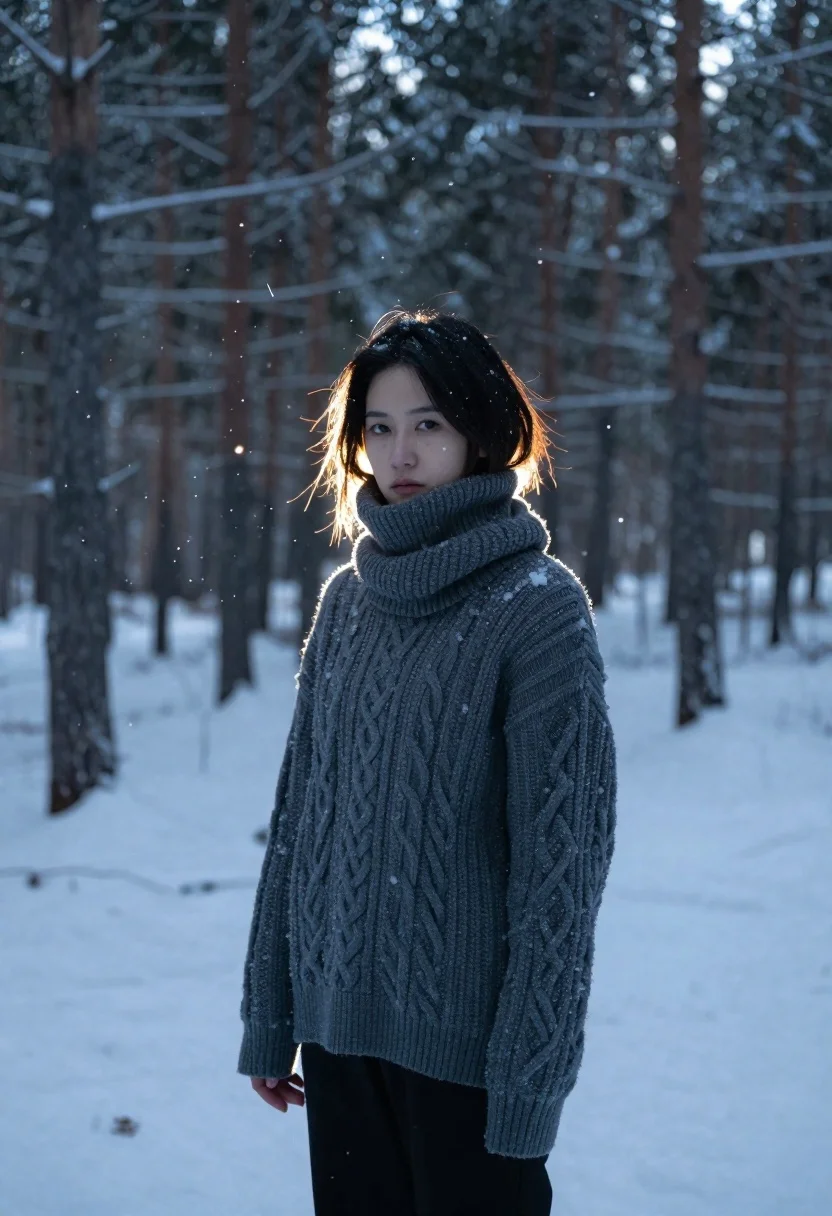 Woman Stands Snowy Forest With Snowflakes Falling Around Her Subject