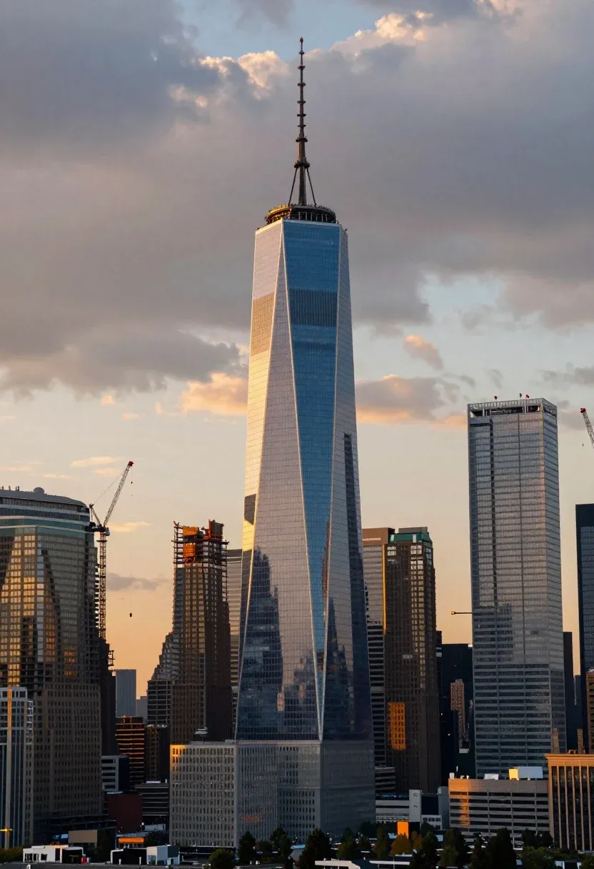Majestic Cityscape Featuring Towering Skyscraper With Spire Reflecting Golden And