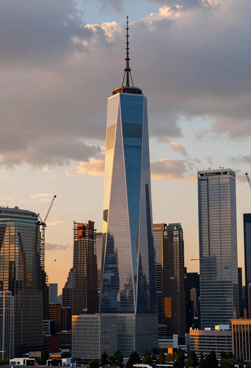 Wide-angle view of a towering skyscraper with a spire reflecting golden hues under a partly cloudy sunset sky.