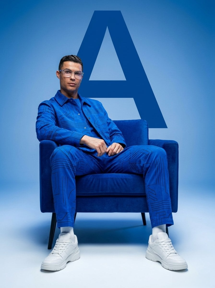 Stylish model seated in a cobalt outfit with white sneakers on a modern chair against a geometric blue backdrop.