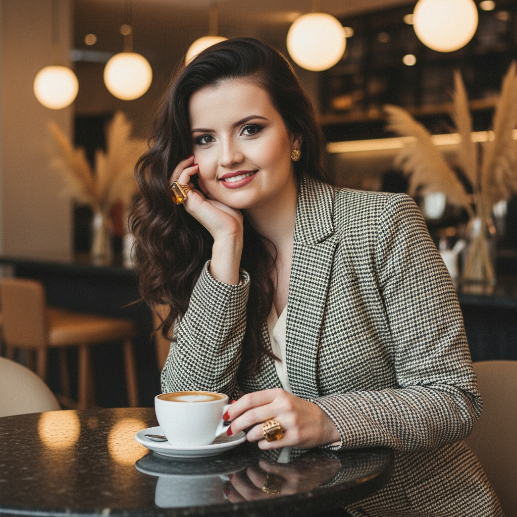 Portrait of a woman in a houndstooth blazer, sipping coffee in a cozy café, with warm lighting and elegant decor.