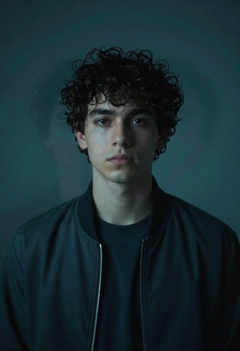 A young man with dark curly hair gazing directly at the camera, illuminated by moody lighting with soft shadows.