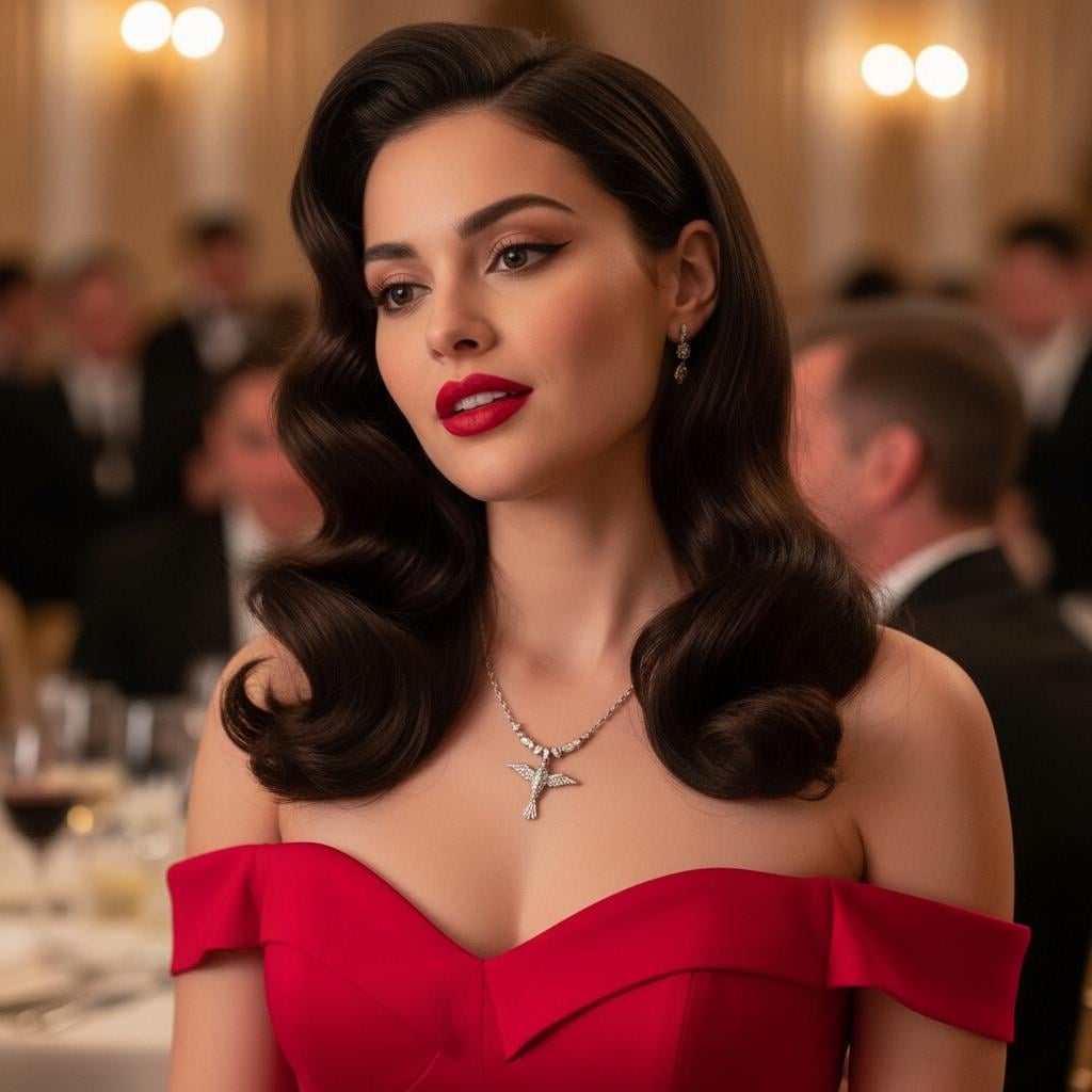 A serene person in a vibrant red gown poses in a dimly lit ballroom, accented by warm golden lighting from chandeliers.