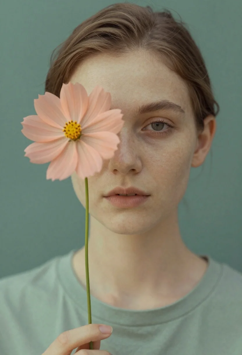 Soft-focus Portrait Young Woman Holding Peach-colored Cosmos Flower That Partially