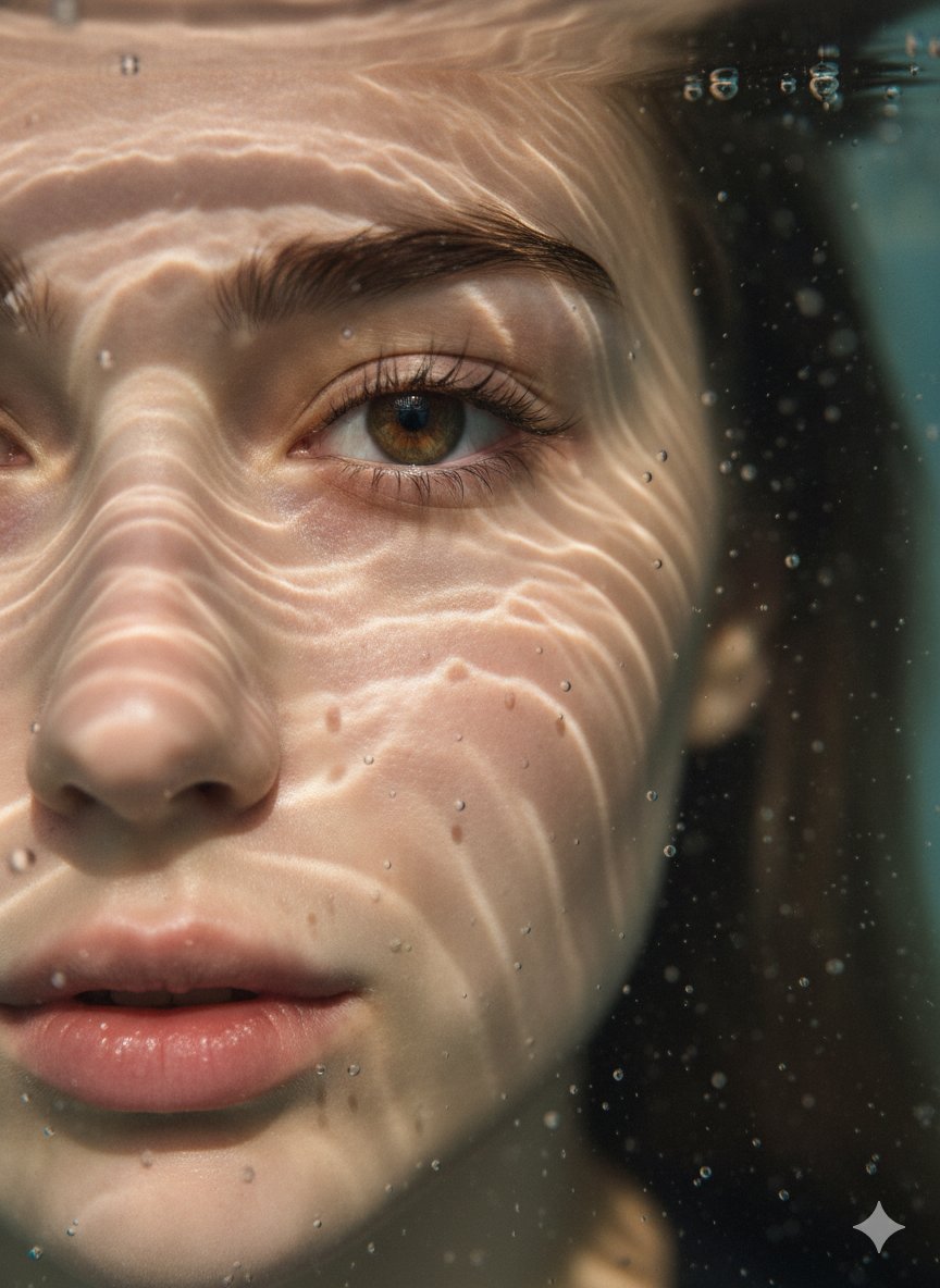 Womans Face Submerged In Water Light Rays