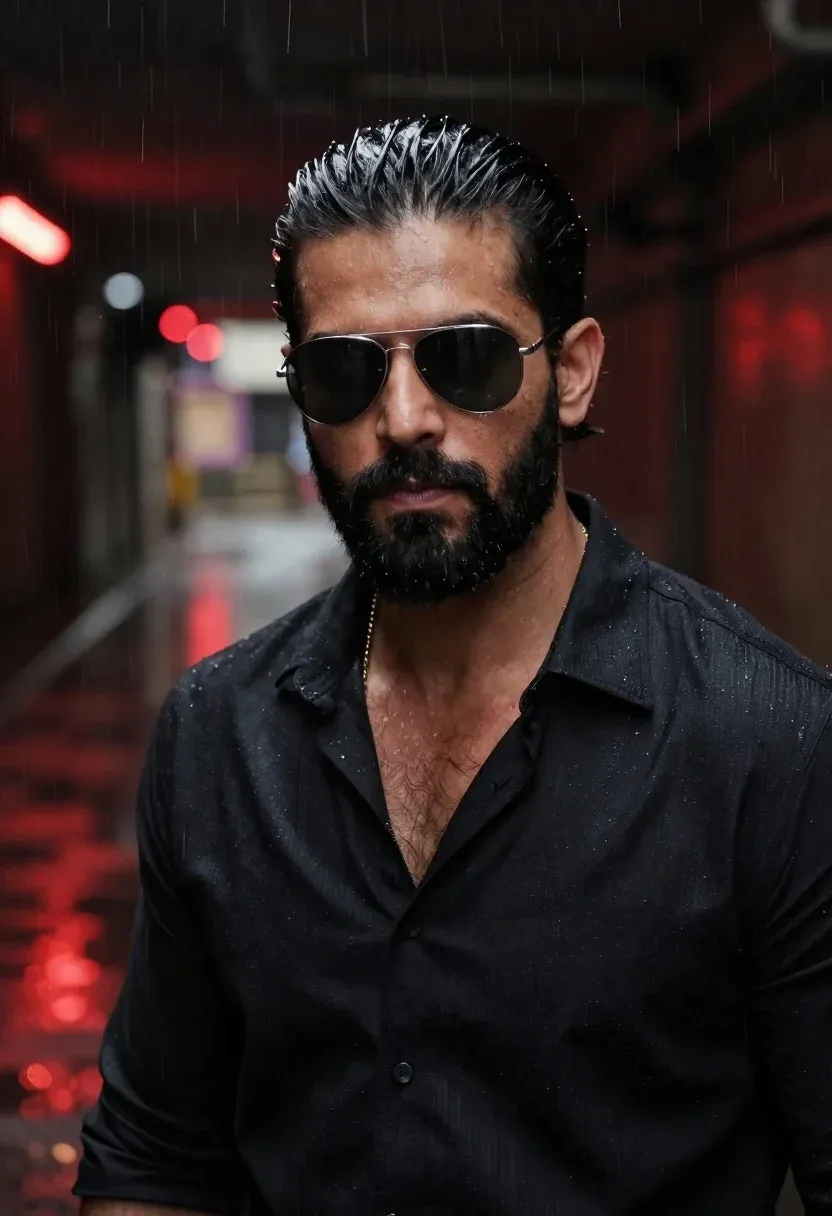 Cinematic Portrait Confident Man With Slicked-back Dark Hair And Full