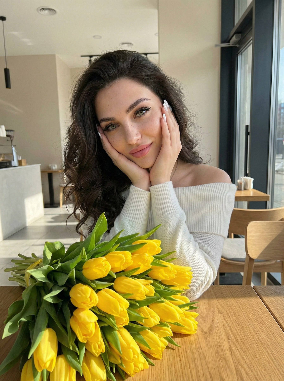 A young woman in a white off-shoulder sweater resting her chin on her hands, smiling softly in a café setting, adorned with a large bouquet of bright yellow tulips.