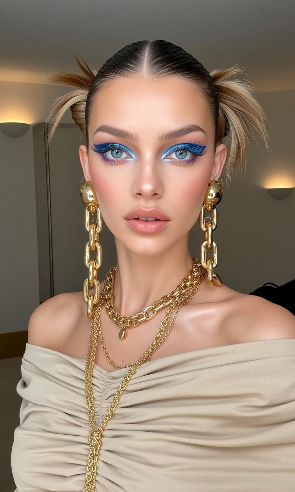 Photorealistic Portrait Young Woman With Striking Blue Eyeshadow And Dramatic