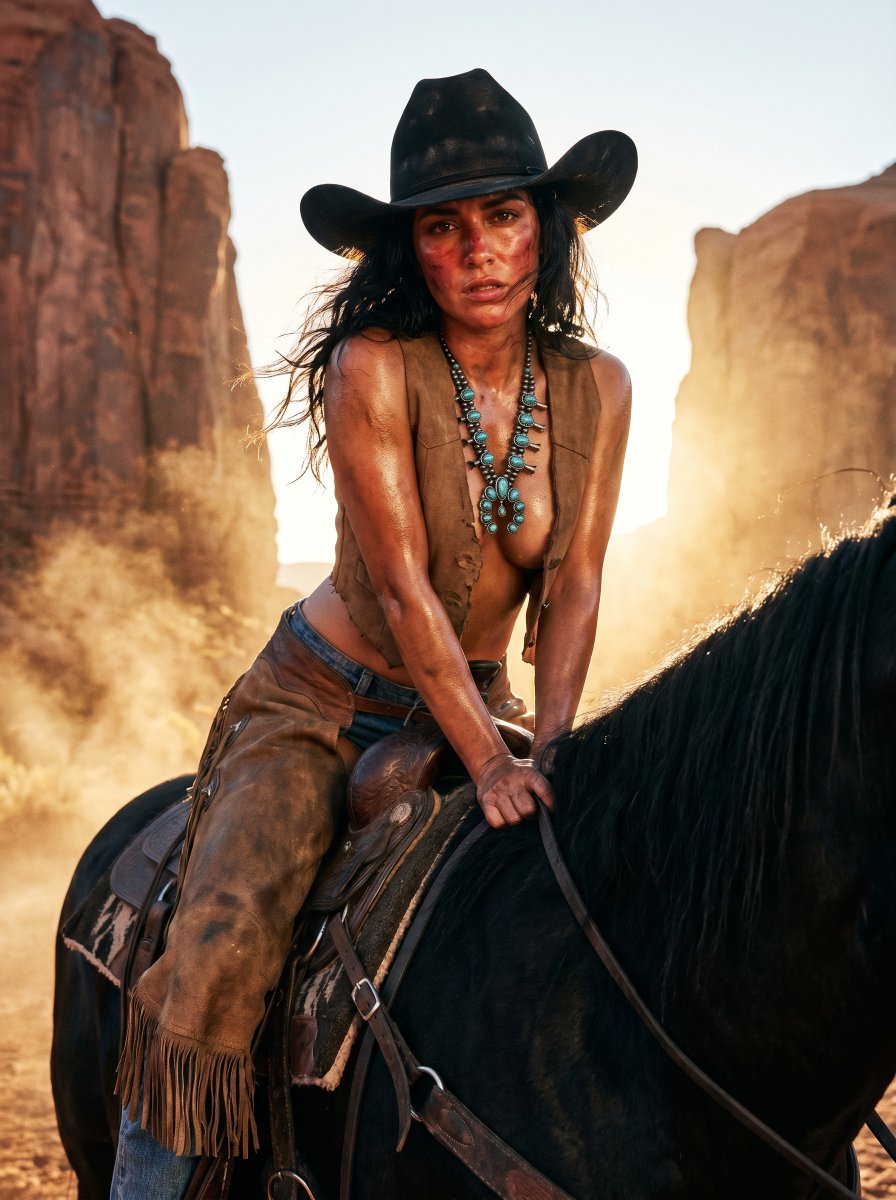 A cowboy wearing a black hat and brown leather vest sitting on a black horse with sandstone cliffs in the background.