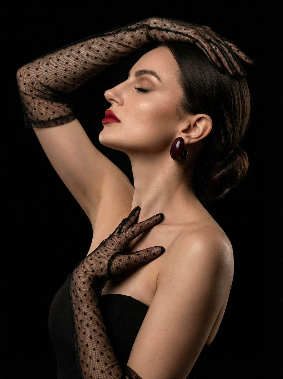 A photorealistic studio portrait of a woman against a black background, highlighting dramatic lighting and rich skin tones.