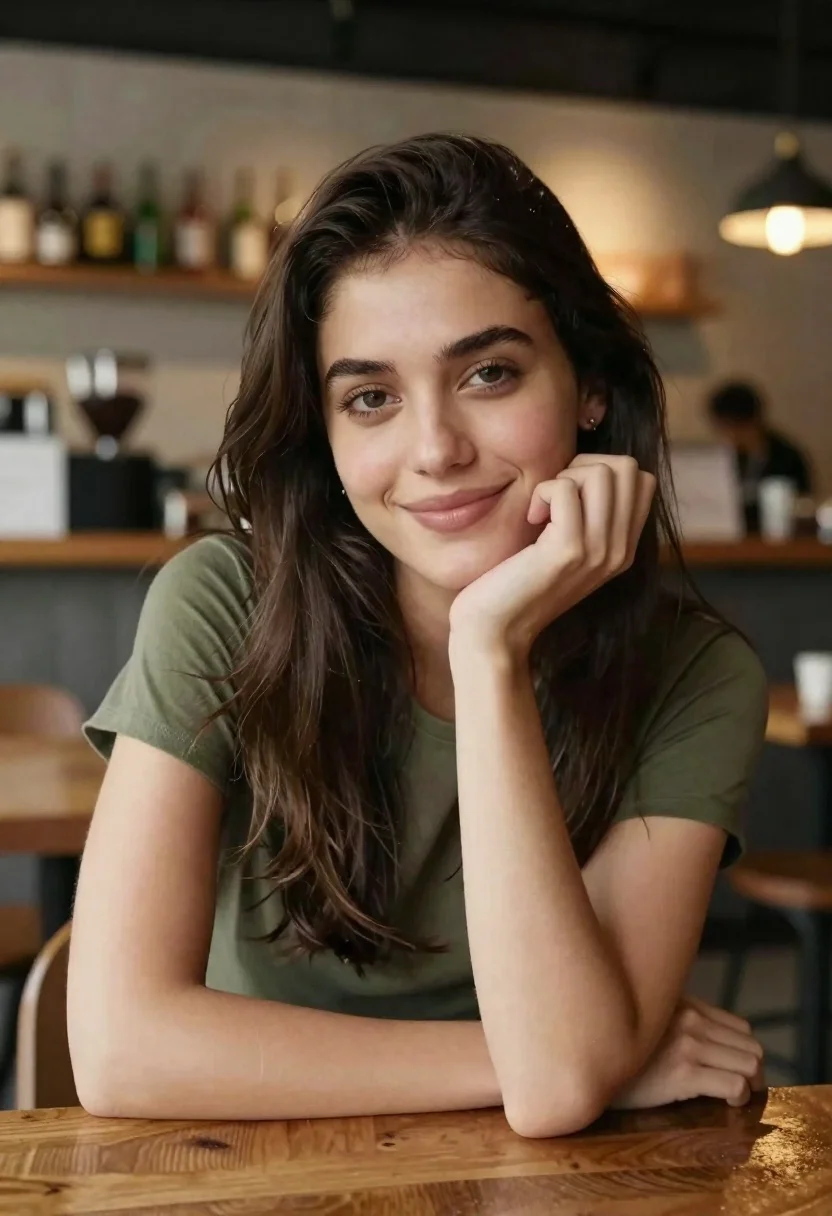 Portrait Young Woman With Long Dark Brown Hair And Warm reference photo