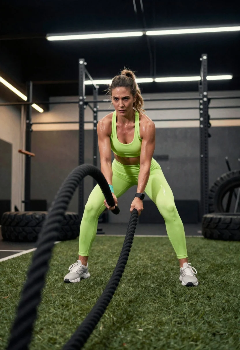 Intense Gym Photoshoot Sculpted Athlete Dominating Battle Rope Workout High-energy reference photo