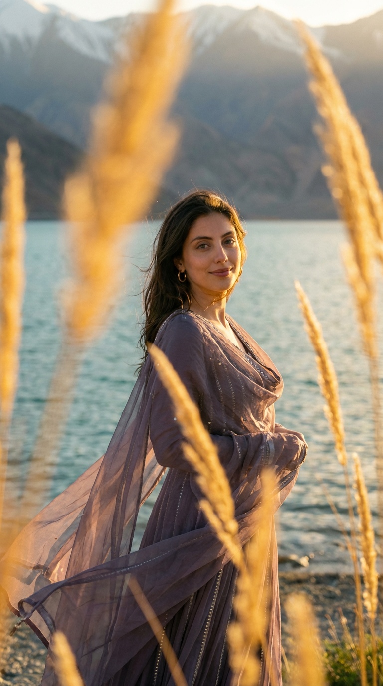 Cinematic portrait of Maya Sikand in a lavender dress standing near a lakeshore, framed by tall golden grass.