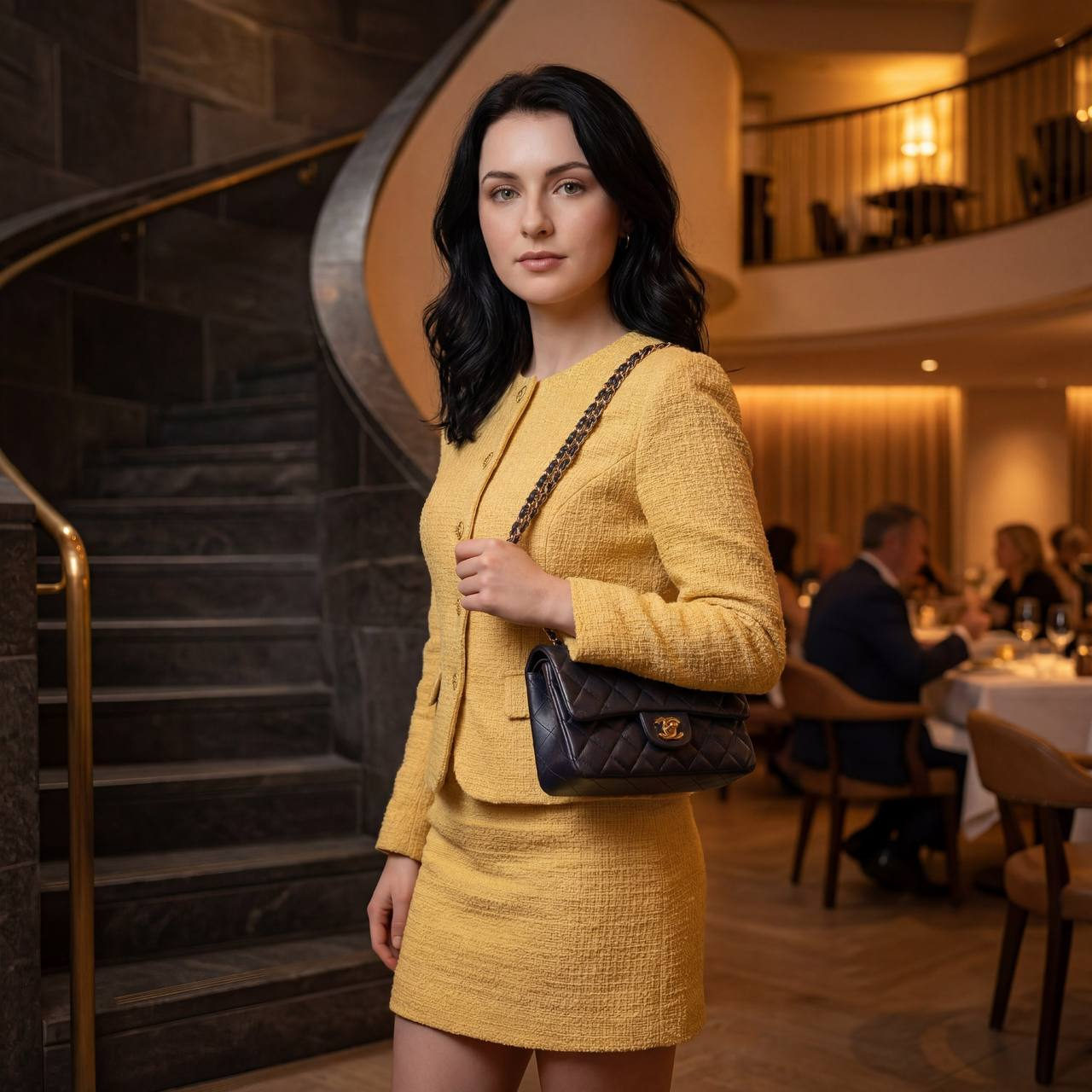 A high-detail macro portrait of an elegant woman in a fitted yellow outfit, standing in a luxurious restaurant with soft lighting.