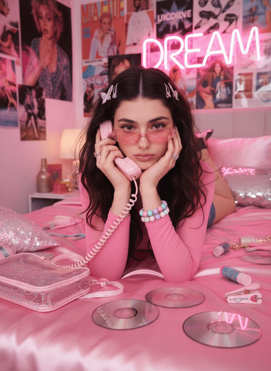 Medium shot of a person on a pink satin bed wearing pink cat-eye glasses, holding a pink phone.
