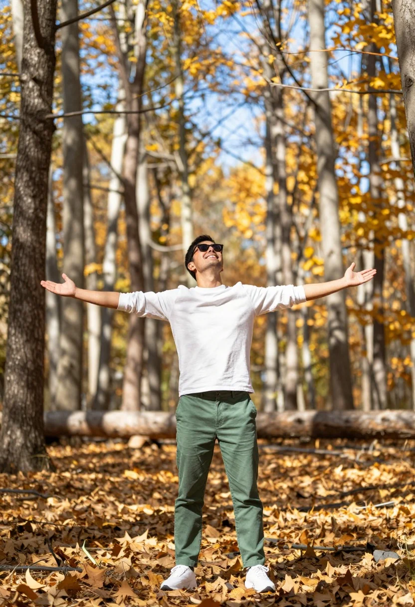 Man Stands Sun-drenched Forest With Arms Outstretched And Head Tilted
