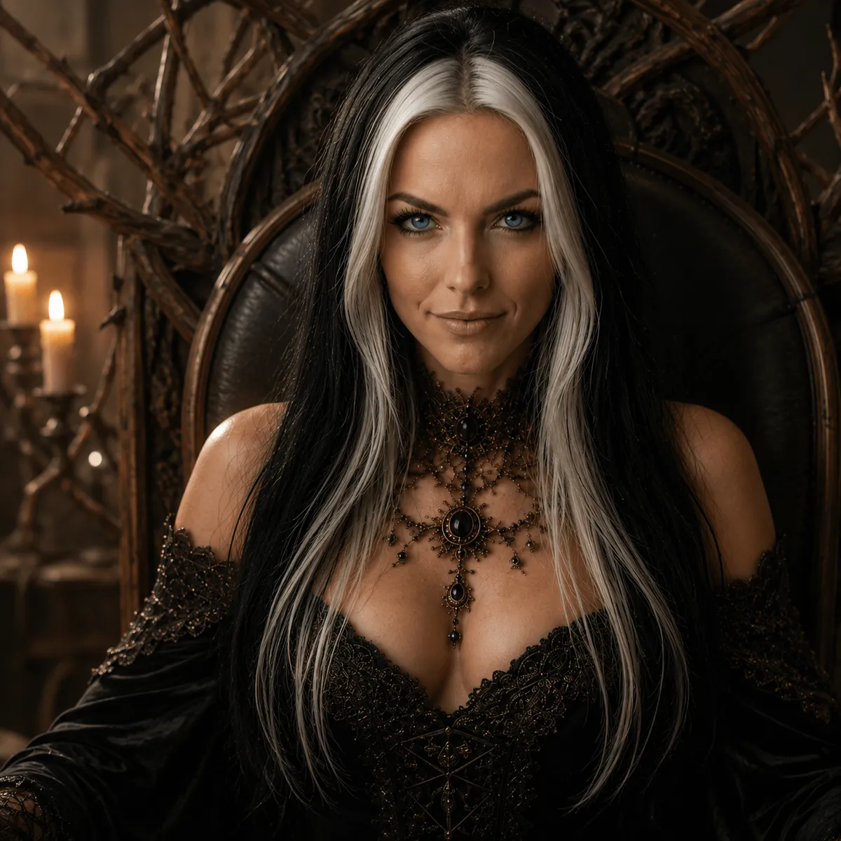 Gothic Throne Woman Black Velvet Gown Ornate Necklace