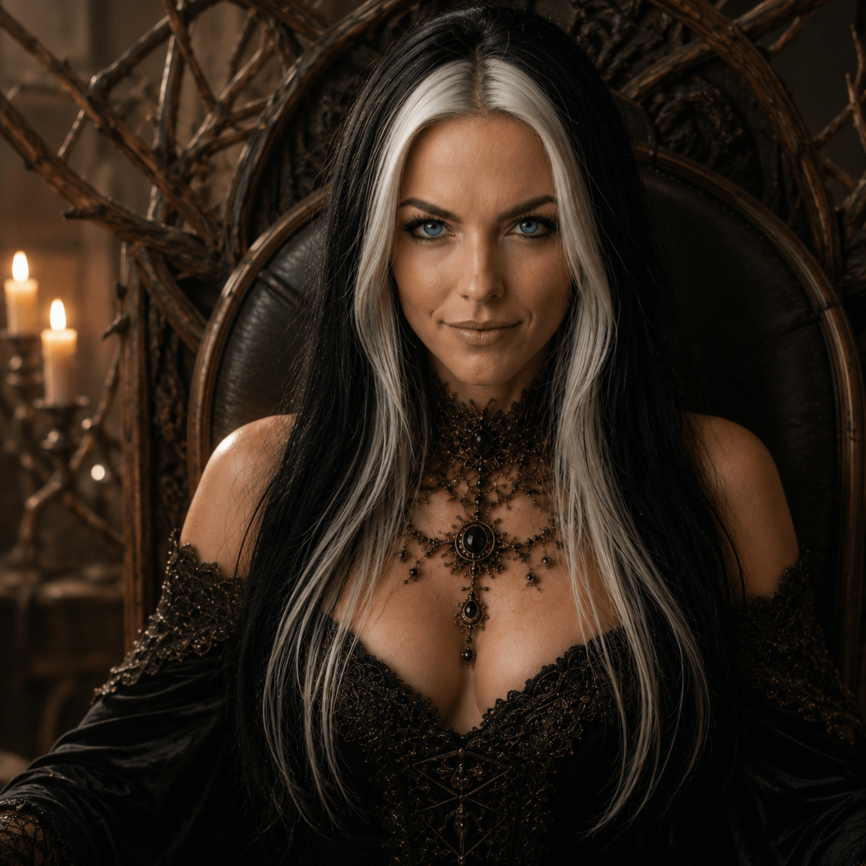 Gothic Throne Woman Black Velvet Gown Ornate Necklace